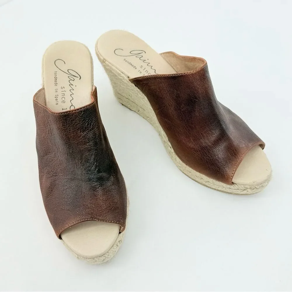 Gaimo Anthropologie GOSSA Brown Leather Open Toe Wedge Heel Espadrille Sandals